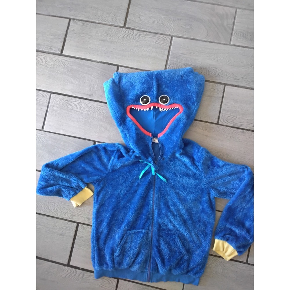 Poppy Playtime Huggy Wuggy Blue Fuzzy Zip Up Hoodie Spirit Halloween Teen Size